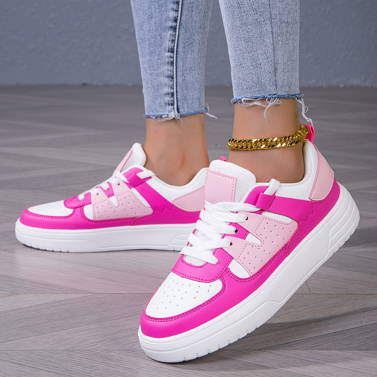 Women'S Plus-Size Pink & White Contrast Platform Sneakers - Breathable Synthetic Cover, Thick Cushioned EVA Sole, Low-Top Lace-Up Casual Sports Shoes for All-Season Comfort, Ladies Sneakers, Allseason Footwear, Durable Comfor
