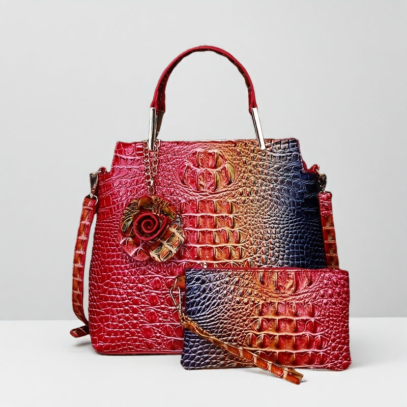 2pcs Crocodile Print Handbag Set - Fashionable Vintage Style, Multi-Functional Top Handle Crossbody, Business Clutch & Coin Purse - Spacious, Secure, Ideal for Everyday Chic