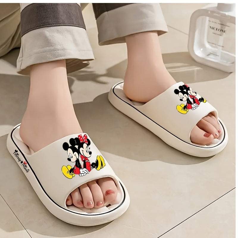 1 Pair Disney Mickey & Minnie Sitting Back-to-Back Cartoon Slip-On Slippers - Soft EVA Breathable Open-Toe Unisex Indoor/Outdoor House Shoes with Anti-Slip Sole, Cute Character Design for Women & Men (Beige/Black), All-Season