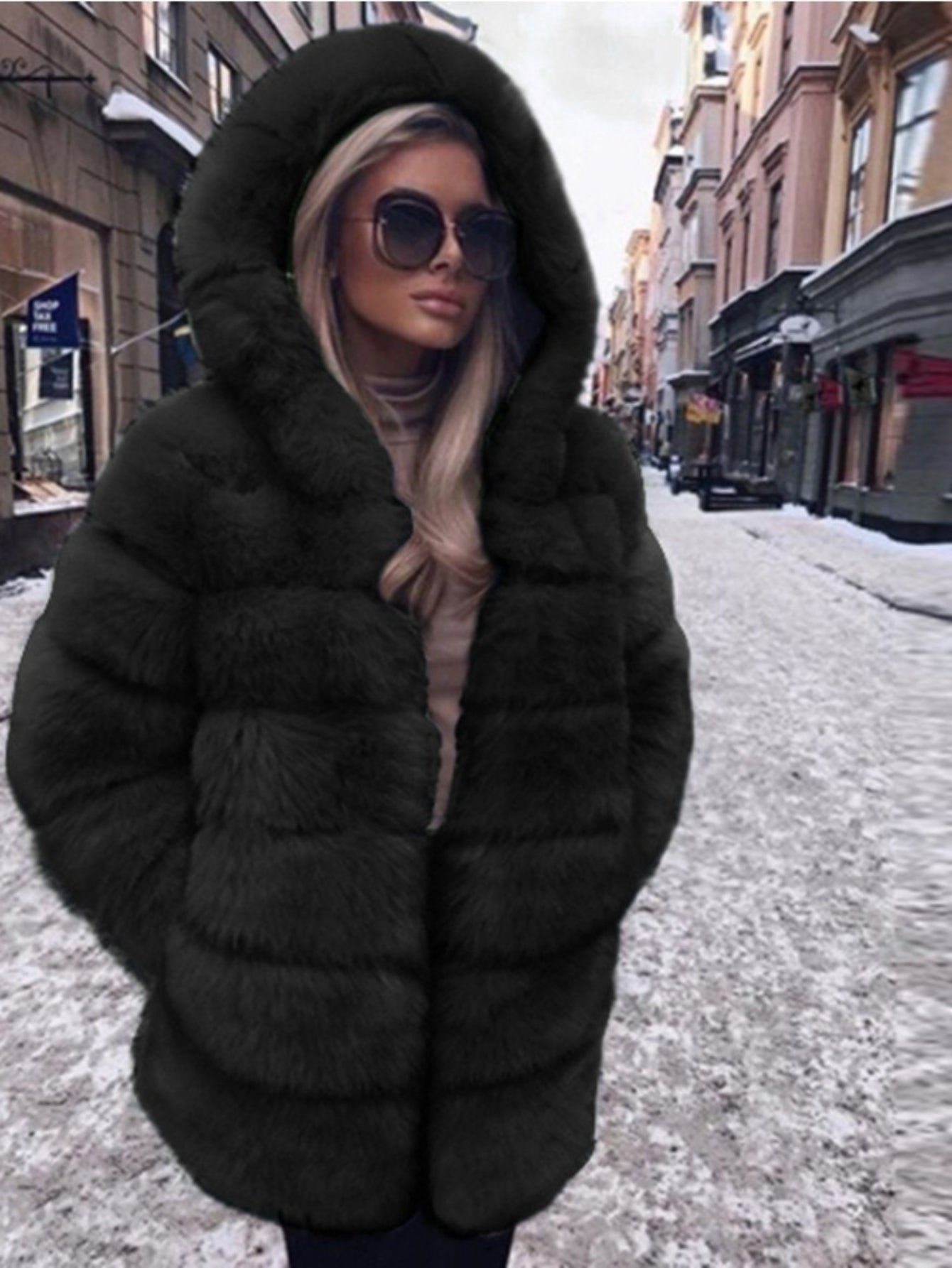 Plus Size, HERTALK Women's Plus Size Pink Faux Fox Fur Coat - Hooded Winter Jacket with Collar, H-Line Silhouette & Full-Length Hem Slit - Luxurious Imitation Fur Outerwear (Pink/) - Machine Washable