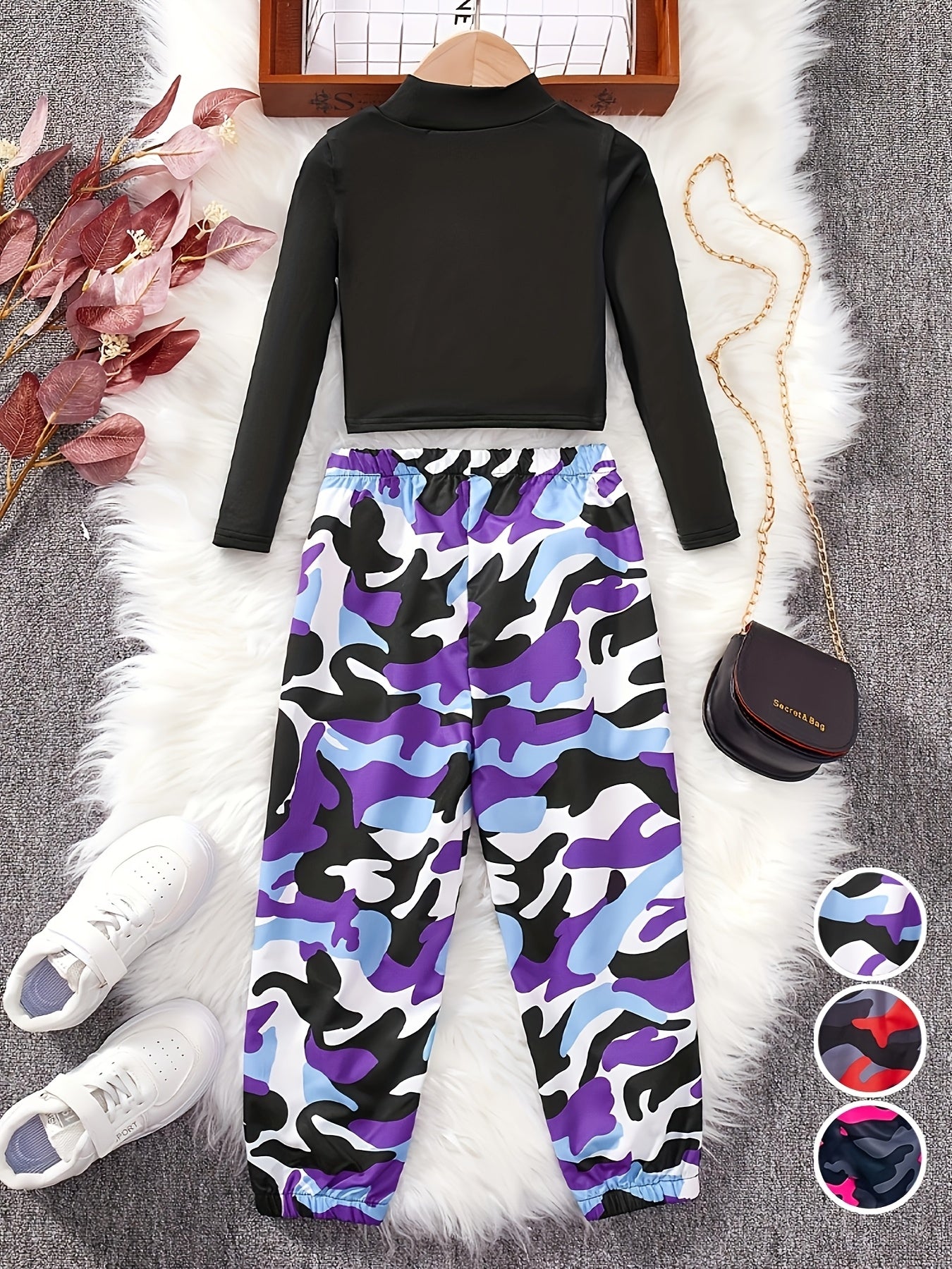 Girls 2pcs Set: Black Small High Collar Long Sleeve Pattern T-shirt + Camouflage Work Bag Jogging Pants, Suitable for Autumn, Suitable for 3 Years Old and Above, for Outdoor
