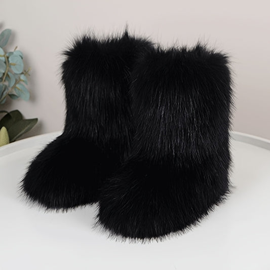 [Faux Fur Boots] Black Faux Fur Women's Mid-Calf Boots | Round Toe, Flat Heel, Casual Platform Boots for All Seasons, Stylish Winter Footwear