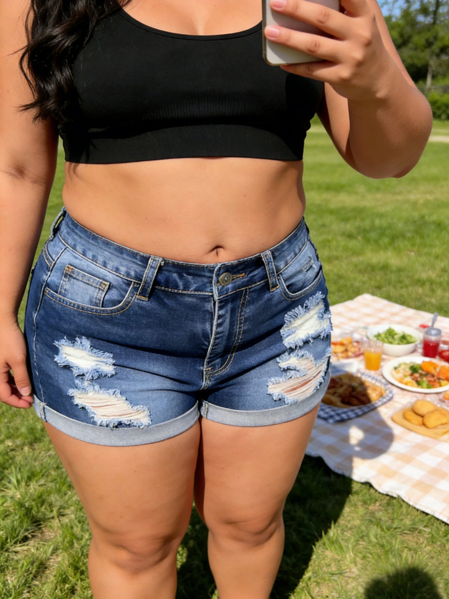 Plus Size Women Denim Shorts High Waist Stretch Denim Medium Wash Casual Wear Summer Denim