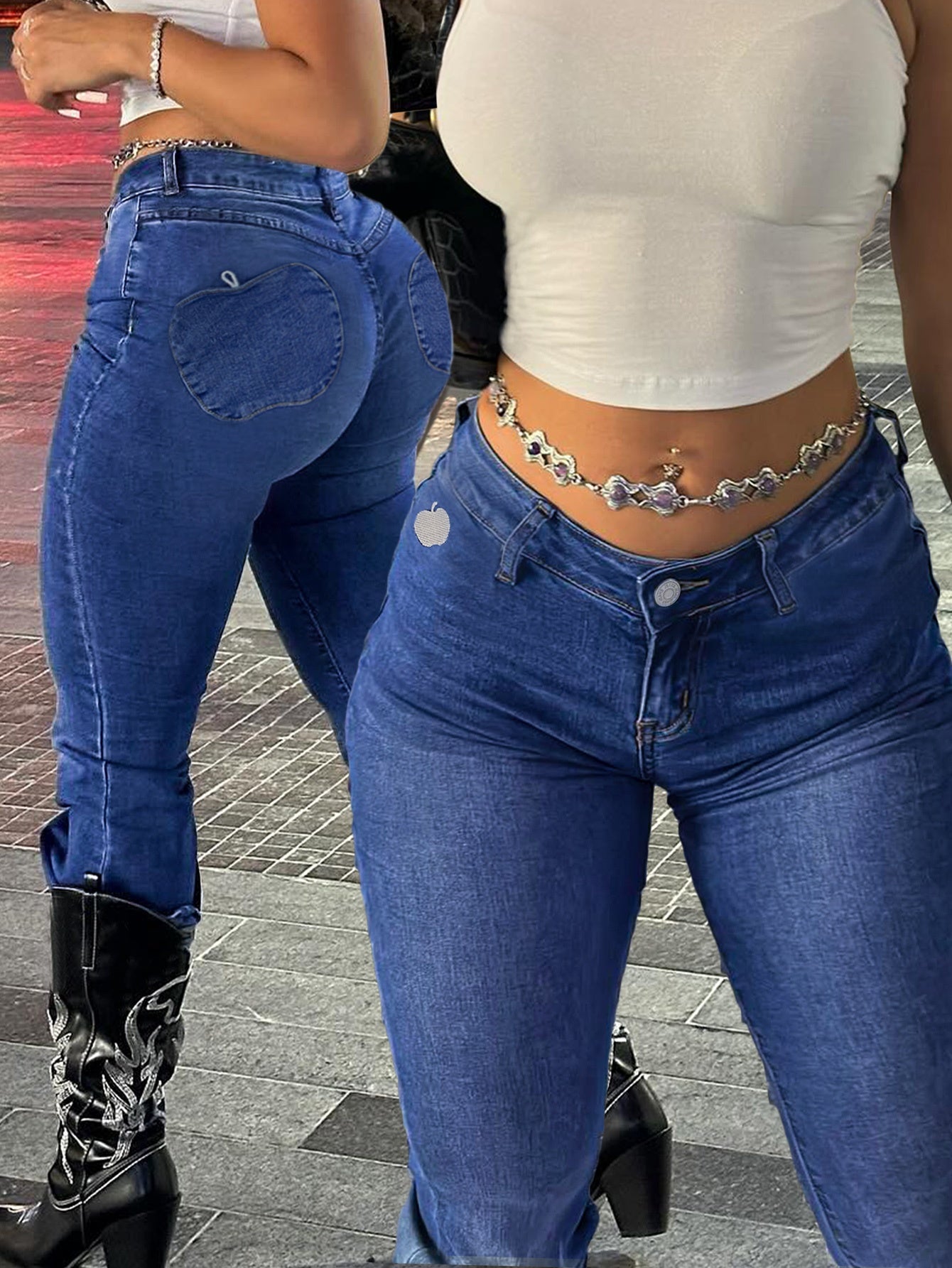 Women'S Y2K Streetwear Low-Rise Flare Jeans - Stretch Denim with Geometric Pocket Design, Long Length, Black & White Contrast, All-Season Comfort Fit, Streetwear Fashion | Y2K Fashion | Stretch Denim Jeans