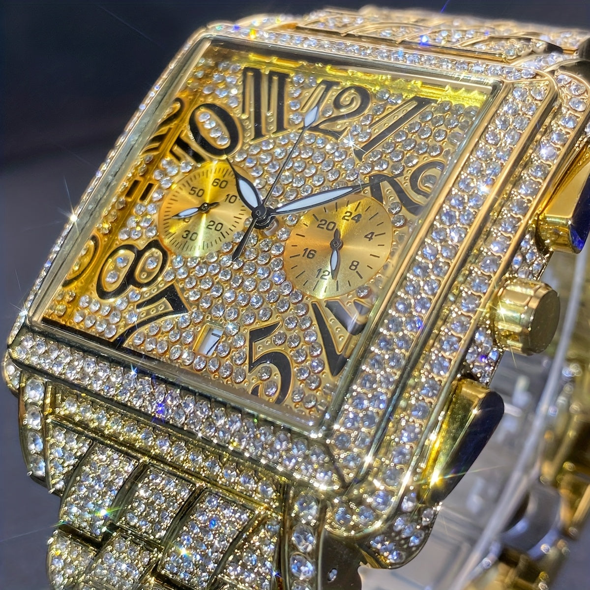 MISSFOX Men'S Luxury Hip-Hop Watch - Golden-Tone Quartz Movement with Date/Calendar, Square Dial & Roman Numeral Display, Sparkling Rhinestone Bezel, Battery-powered Formal/casual Wristwatch For Everyday & Special Events - Id