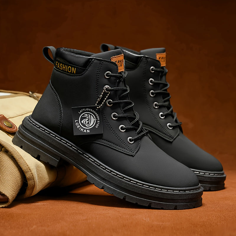 [Heavy-Duty Work Boots] Men's Heavy-Duty Work Boots - All-Terrain Non-Slip PVC Sole, Lace-Up Ankle Support Boots for Construction, Hiking, Outdoor - Cushioned Insole & Easy-Clean Synthetic - All-Season Industrial & Casual Sho