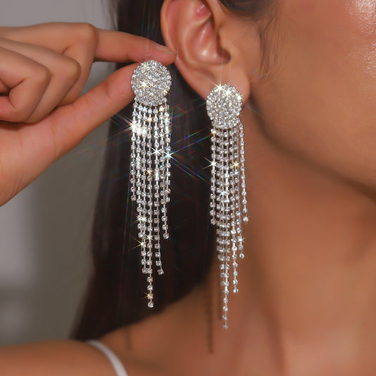 Exaggerated Long Rhinestone Tassel Earrings Dress All-Matching Graceful Eardrop Earring Women Bling Bling Crystal Rhinestone Drop Earrings