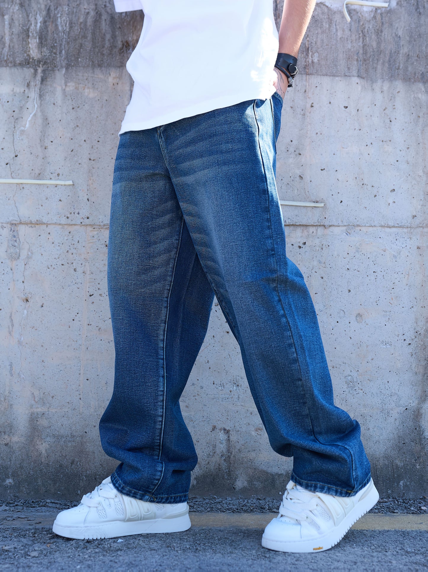 Retro Deep Blue Washed Loose Straight Leg Jeans For Men'S Street Fashion, Simple And Casual Long Pants