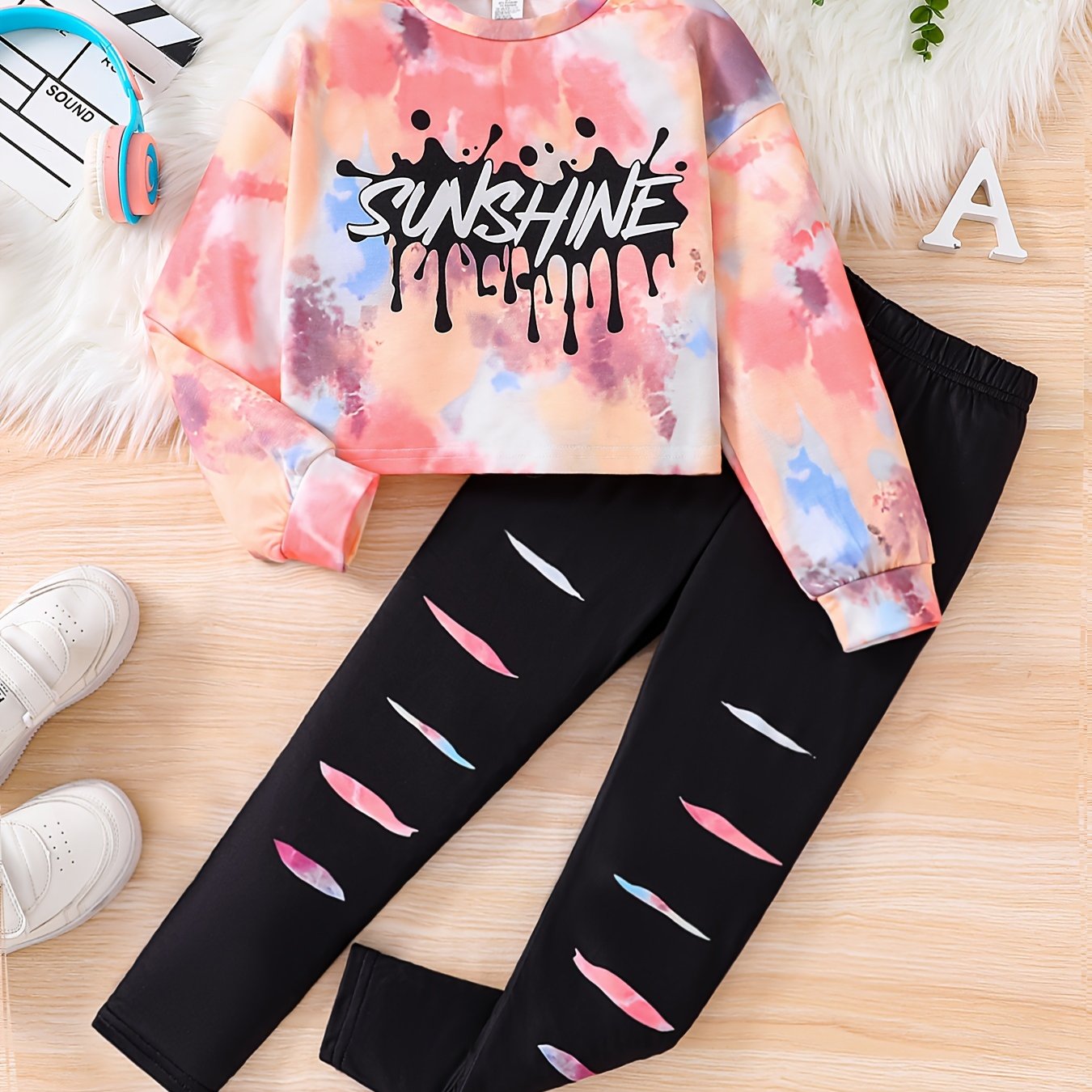 2pcs Girls' Fashionable Spring/Autumn Outfit - "SUNSHINE" Letter Print Tie-Dye Long Sleeve Top & Faux Ripped Print Elastic Waist Pants Set, Breathable Comfortable Casual Streetwear for Youngsters & Teens, Spring Fashion, Vibr