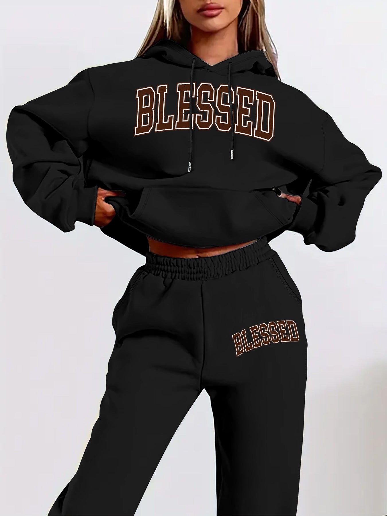 Women'S Casual Two-Piece Set - "Blessed" Print Hoodie & Sweatpants, Cozy Fall/Winter Outfit with Drawstring Waist, Long Sleeve Pullover & Joggers, Casual Wear, |casual Style|drawstring Waistband, Sweater Set
