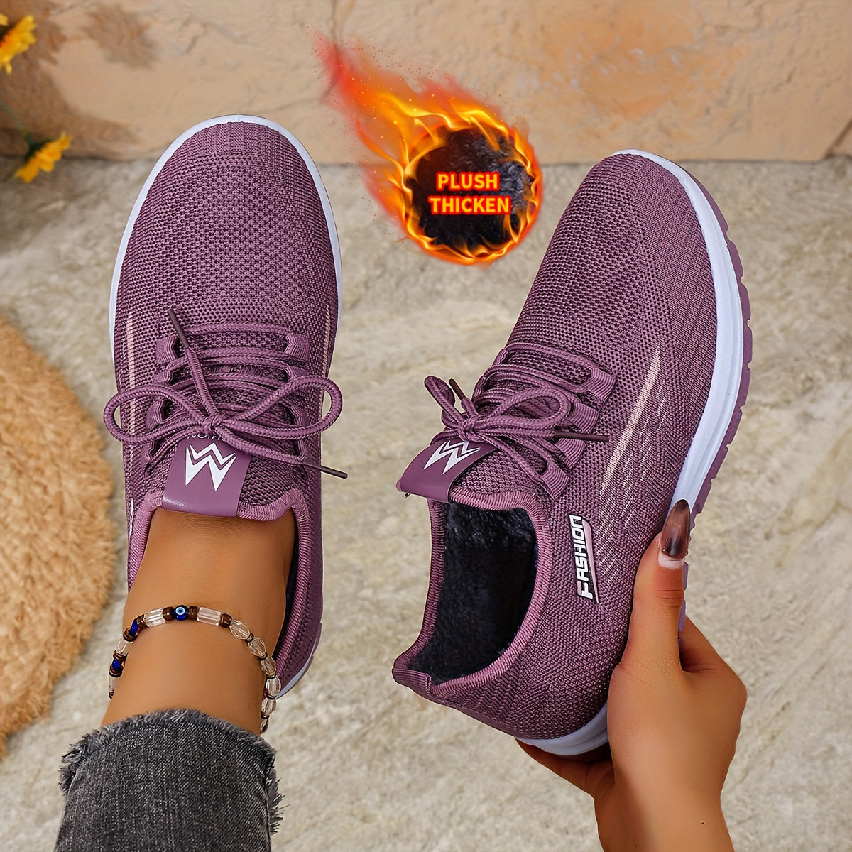 [Autumn And Winter ]Orange Fleece-Lined Warm Shoes, Thickened Cushioning Shoes Exclusive for Winter, Orange And Purple Spliced Lace-Up Trendy Warm Sports Shoes, White Casual Shoes, Shoes For Women/elegant Shoes For Women, Sea