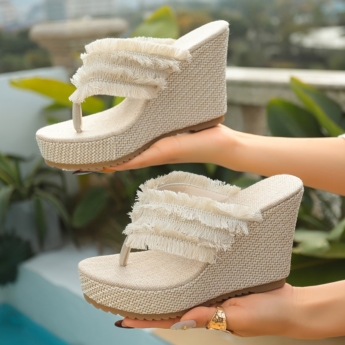 Spring/Summer Women's Fashion Casual Wedge Sandals, Tassel Woven Herringbone Slippers, Platform Thick Sole Open-Toe High Heels, Versatile Slip-On Shoes for Daily Commute and Parties, Women Shoes