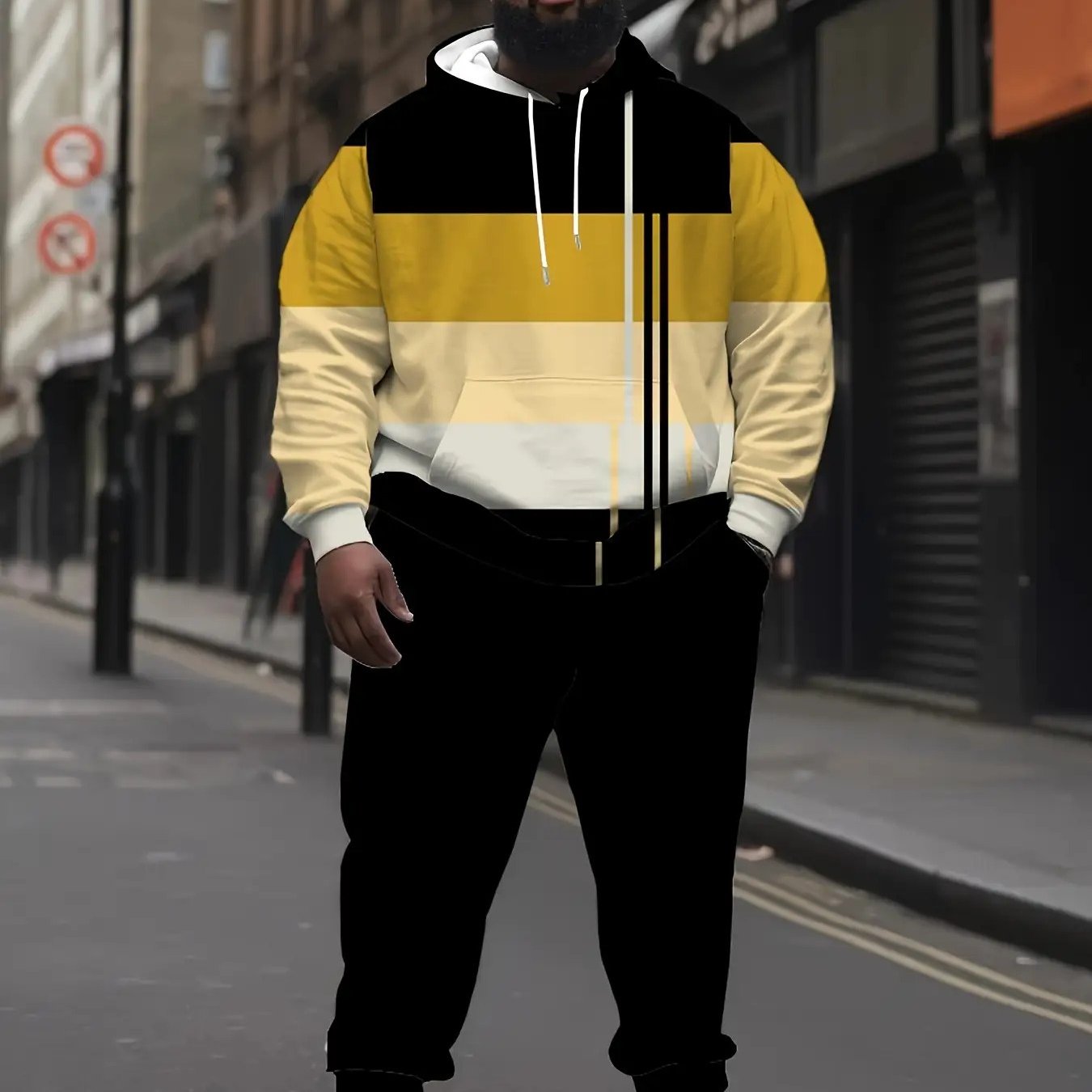 Men'S & Unisex Athletic Tracksuit Set - 100% Polyester Full-Body Striped Print Hooded Sweatshirt & Sweatpants, Elastic Gym Wear with Regular Fit, Plus Size Casual Sportswear for Gym, Jogging, Casual Attire - Breathable & Wrin