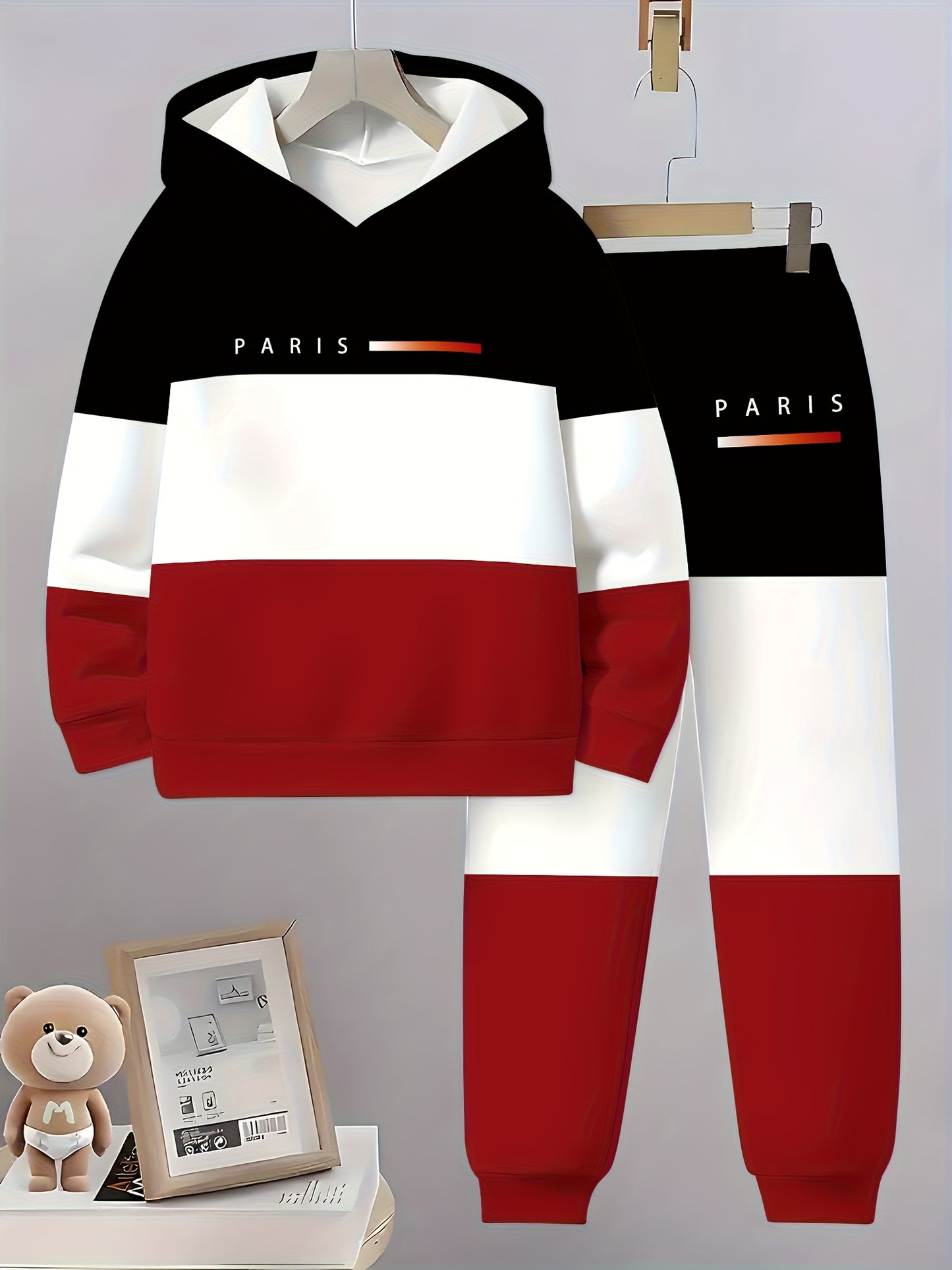 Boys' 3D black, white, and red striped print regular tracksuit suit for the spring and fall back-to-school season - hoodie and casual pants suit for children 13 and under, outdoor activities, sweatshirts and sweatpants, Perfe