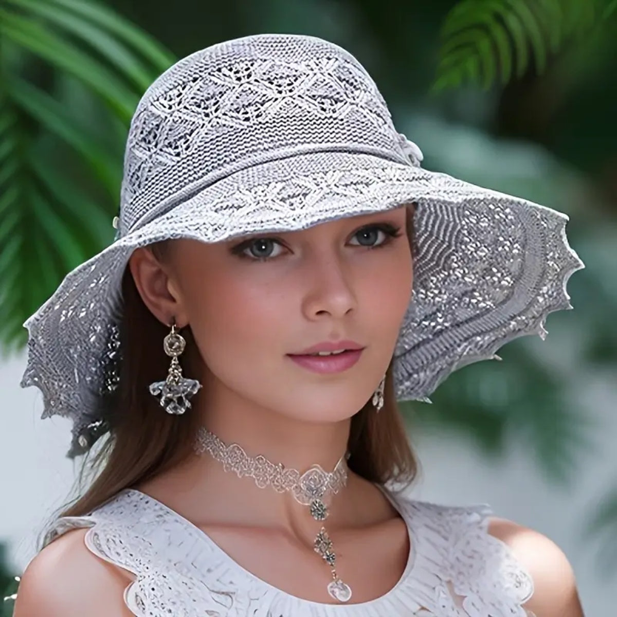 MONYPLAY Women's Summer Crochet Straw-Style Acrylic Sun Hat - Wide Brim Lightweight Floppy Beach Hat with Floral Embellishments, Machine Washable for Outdoor, Garden & Picnic