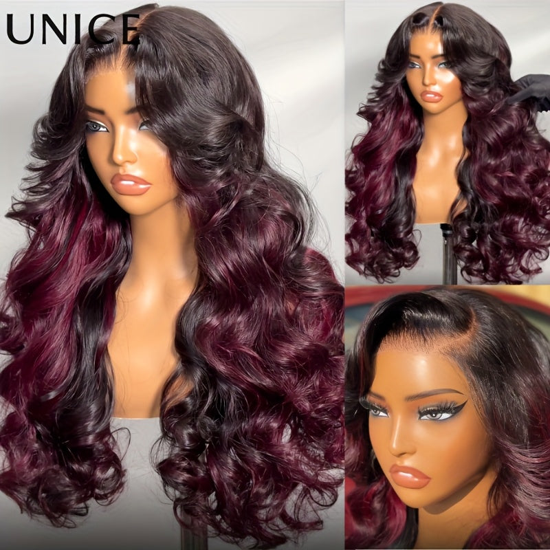 UNICE 7x5 Glueless Lace Front Wig Human Hair - Burgundy Highlights & Dark Brown, Pre Plucked & Bleached Invisible Knots, 180% Density Loose Wave Hairline, No Glue/No Skills Needed, Virgin Hair Donor Wigs for Men & (Beginner
