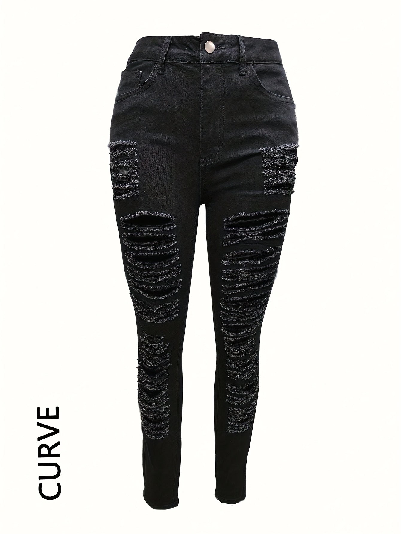 Women's Stretchy Ripped Skinny Jeans - Mid-Rise Black Denim with Pockets, Distressed Design, Comfortable & Stylish for All Seasons
