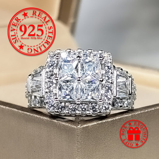925 Sterling Silver Princess Cut Cubic Zirconia Ring, Halo Setting, Women'S Engagement Ring