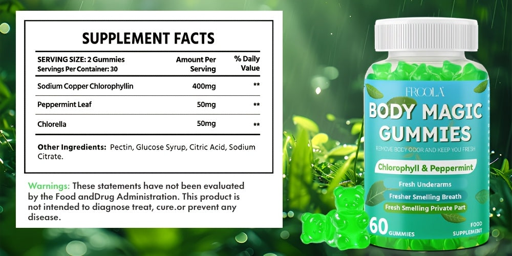 Natural Chlorophyll Gummies - Chlorophyll Daily 60 Gummies, Freshens Breath, Natural Body Deodorizing Supplement, Chlorophyll Herbal Gummies For Women And Men