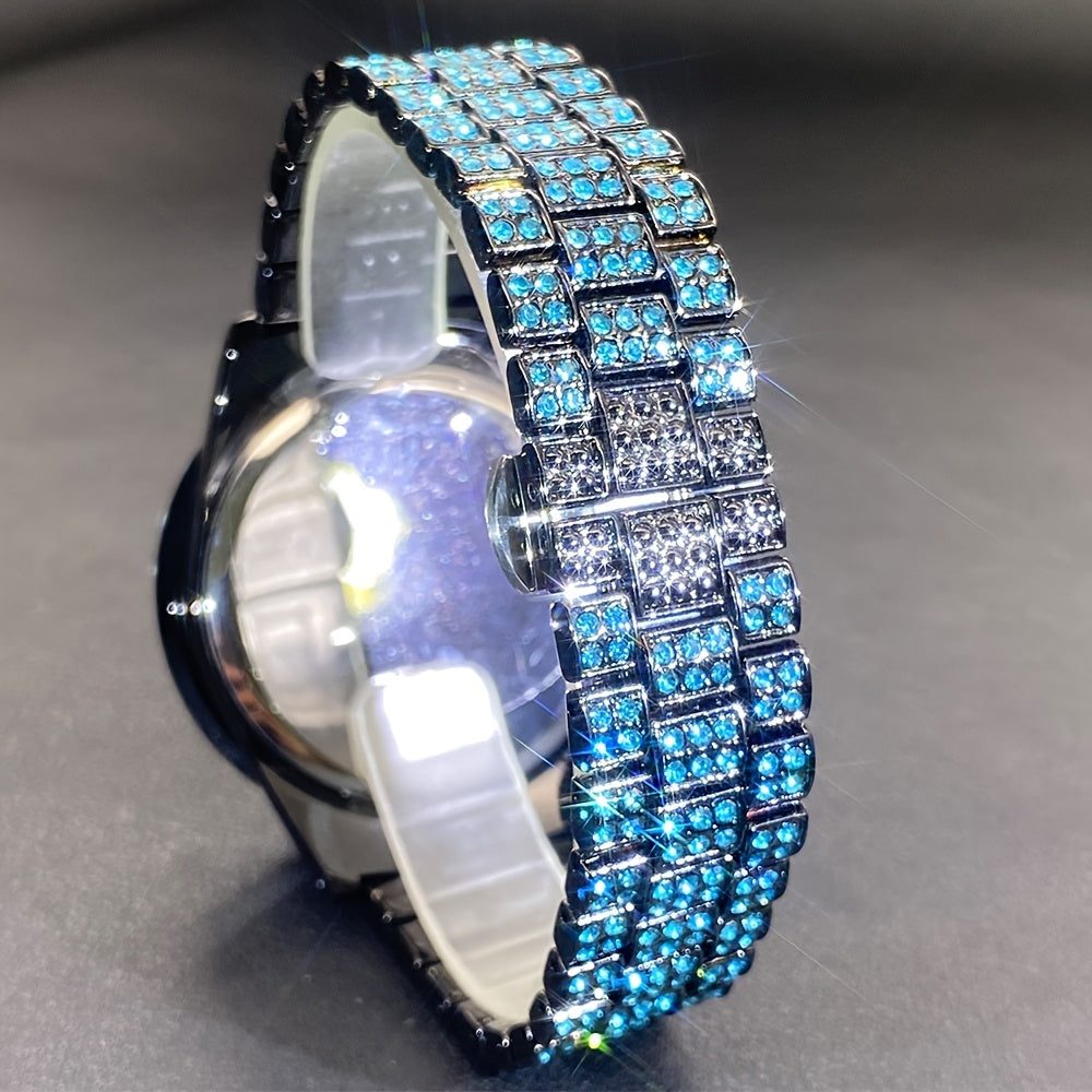 Luxury Ice Blue Rhinestone Quartz Watch for Men & Women - Sparkling Rhinestone-Encrusted Dial, Alloy Case & Band, Date Calendar Display, Battery-Powered Round Party Watch for Mardi Gras, Ramadan, Spring Festival Gifts, Bling