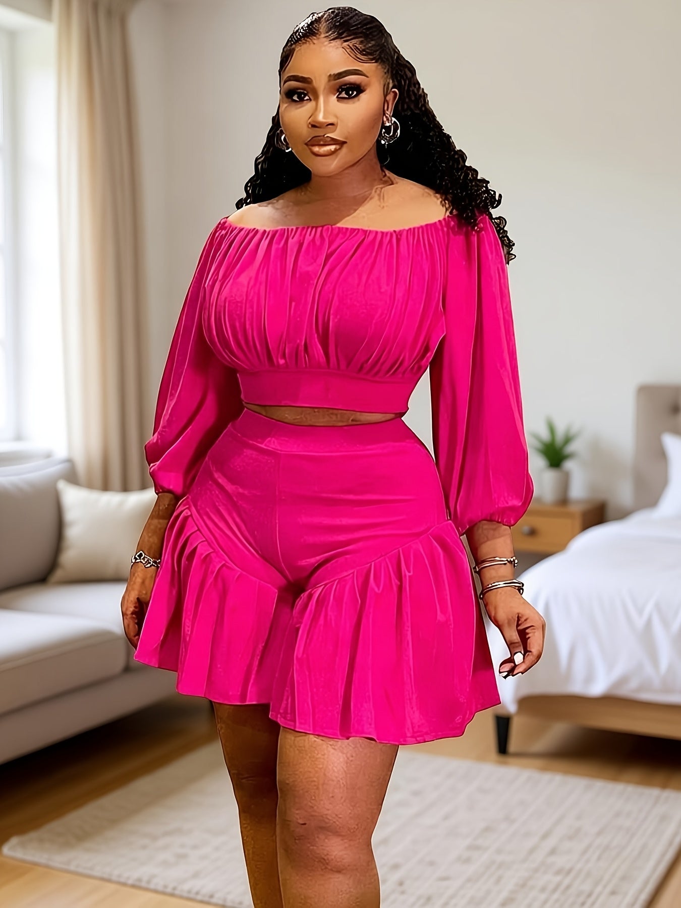 Plus Size - Plus Size - New Fluffy Waist-Cinching Casual Two-Piece Set with Pleated One Neck Design