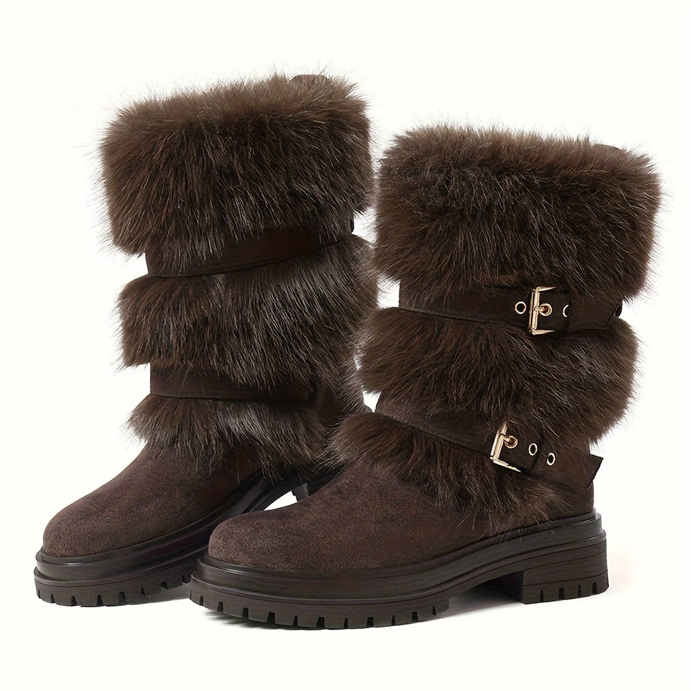 faux fur Mid-Calf Snow Boots for Women | Round Toe Platform Heel, Non-slip Pull On, Warm Shoes with Buckle Decor, Fluffy Furry, Comfortable Fashion Luxury Outfit, Outdoor Winter Booties Woman