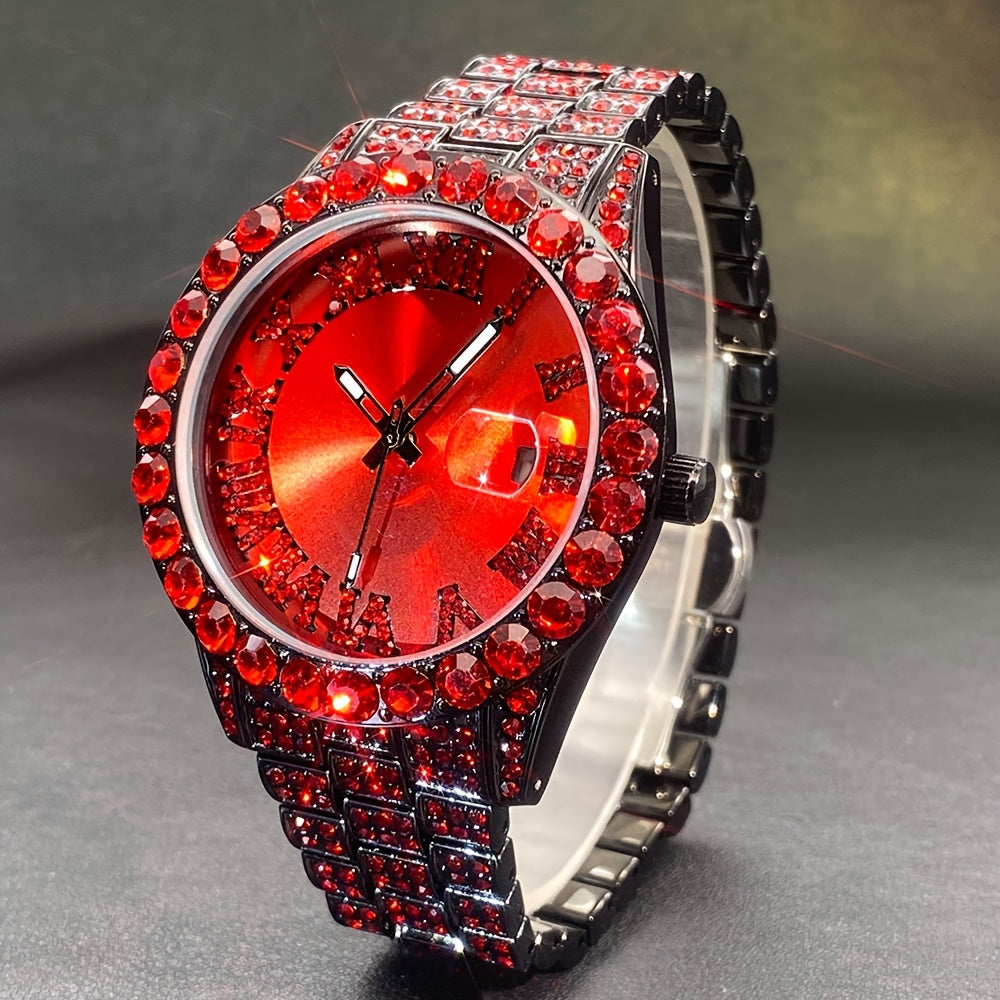 Luxury Ice Blue Rhinestone Quartz Watch for Men & Women - Sparkling Rhinestone-Encrusted Dial, Alloy Case & Band, Date Calendar Display, Battery-Powered Round Party Watch for Mardi Gras, Ramadan, Spring Festival Gifts, Bling