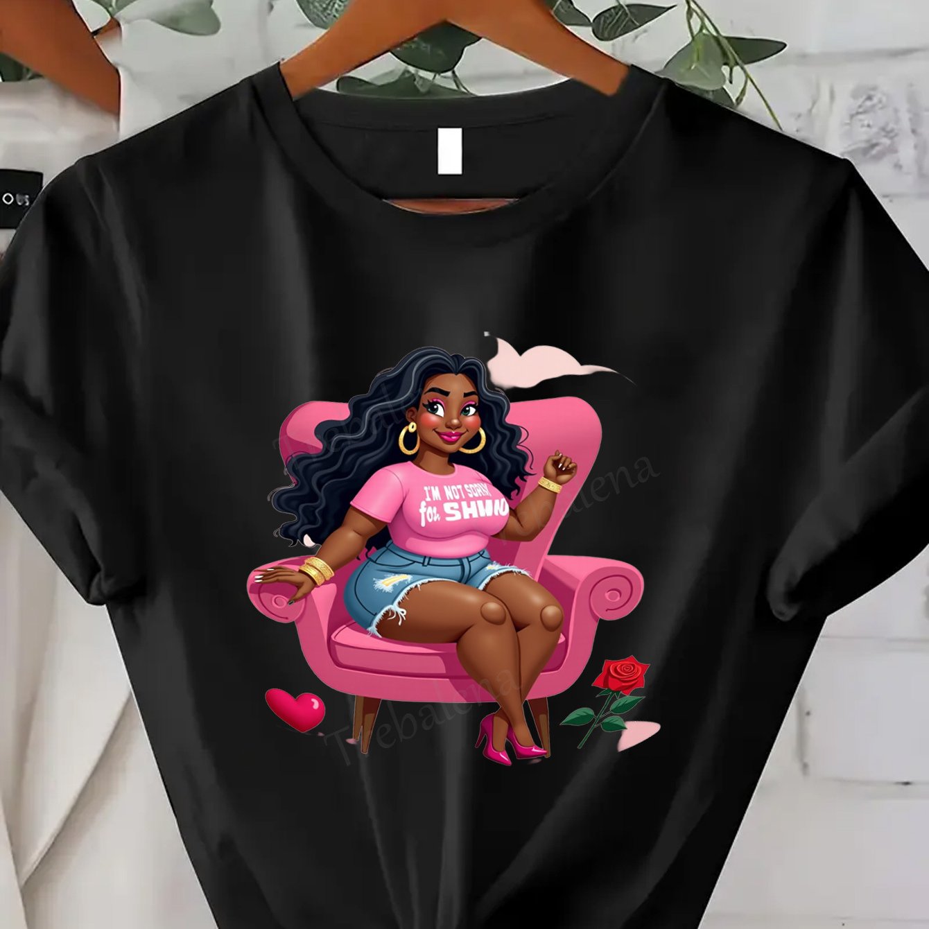 Plus Size, Trebalena Women's Plus Size Graphic T-Shirt - Sexy Curvy Lady in Pink Chair with Roses, Soft Breathable 100% Cotton Casual Everyday & Party Outfit - Perfect Halloween, Christmas, Birthday Gifts for Women - Non-See