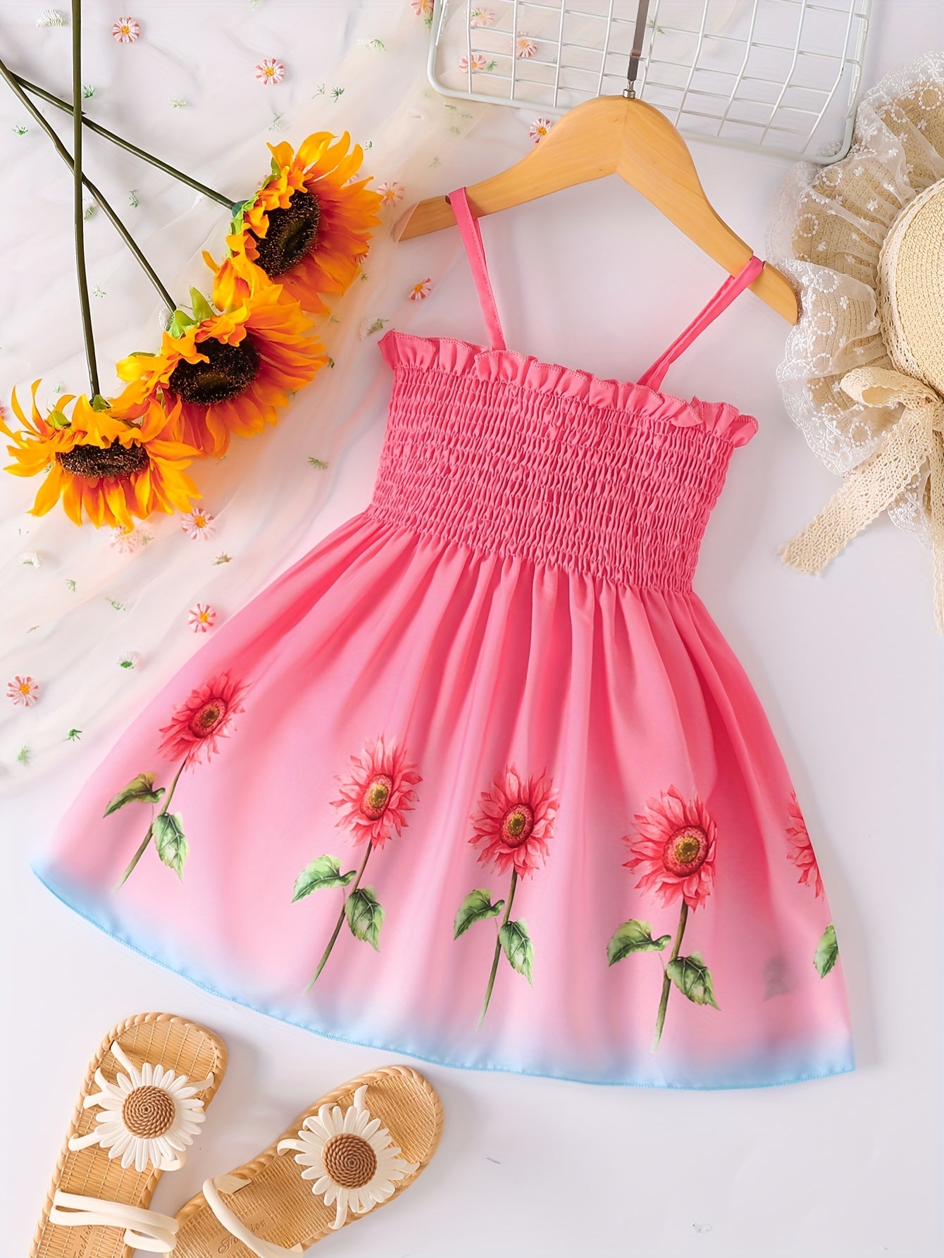 [Sunflower | Girls] Gradient Color Sunflower Princess Dress | Toddler Girls Shirred Cami Frill Trim | For Party Beach Vacation Kids Summer Clothes 4th Of July Outfit