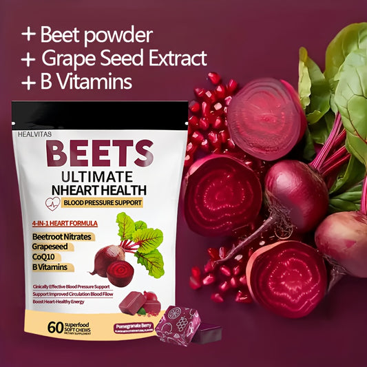 1/2pcs 4-in-1 Super Beetroot Gummies with CoQ10, Beetroot & Grapeseed - Blood Pressure & Heart Health Support, 60 Chewable Vitamins for Circulation, Blood Flow & Endothelial Function, Natural Fruit Flavor, One Month Supply (M