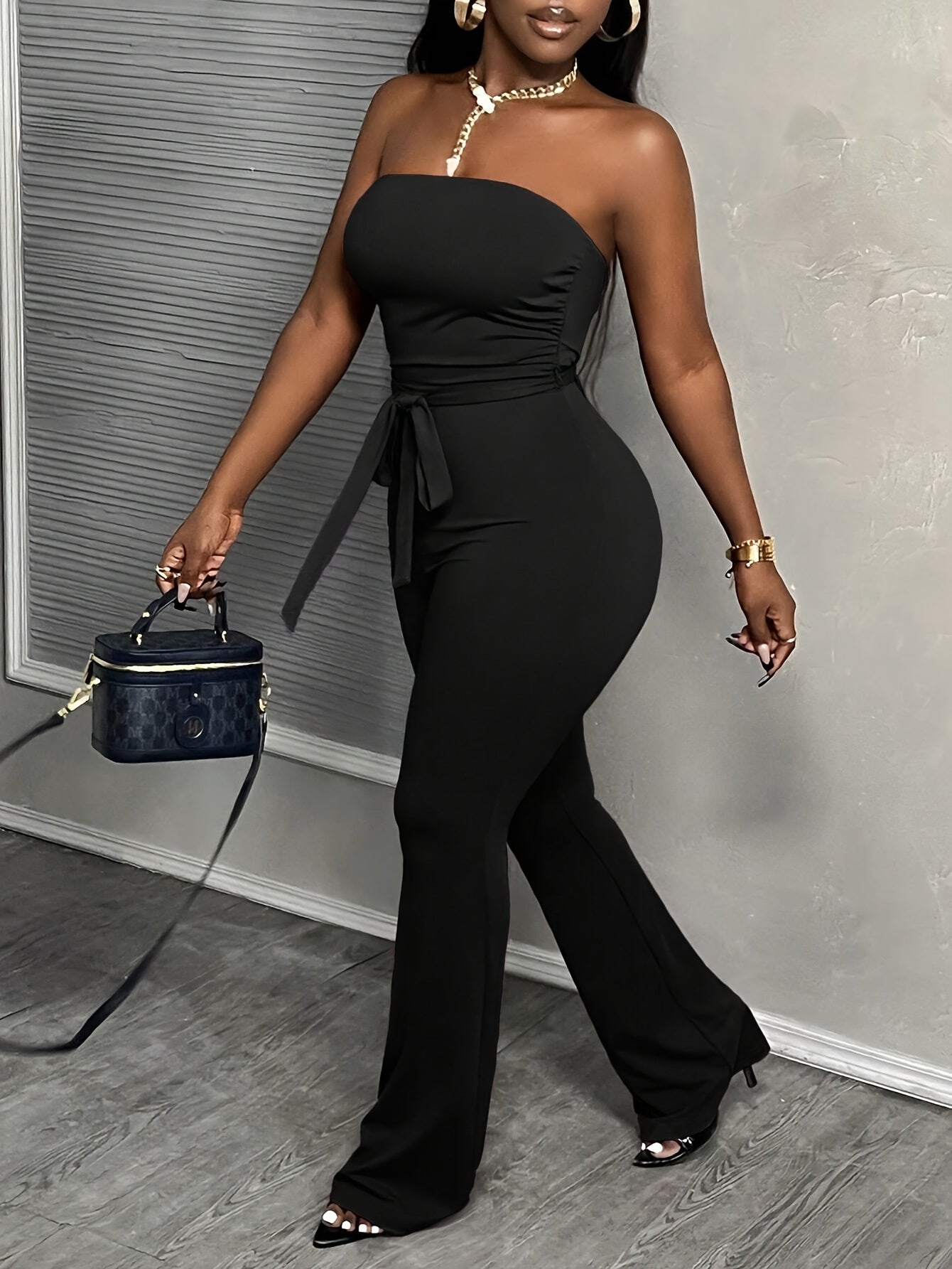 Casual Basic Elegant Purple-red Waist-tied Tube Flared Jumpsuit For Women