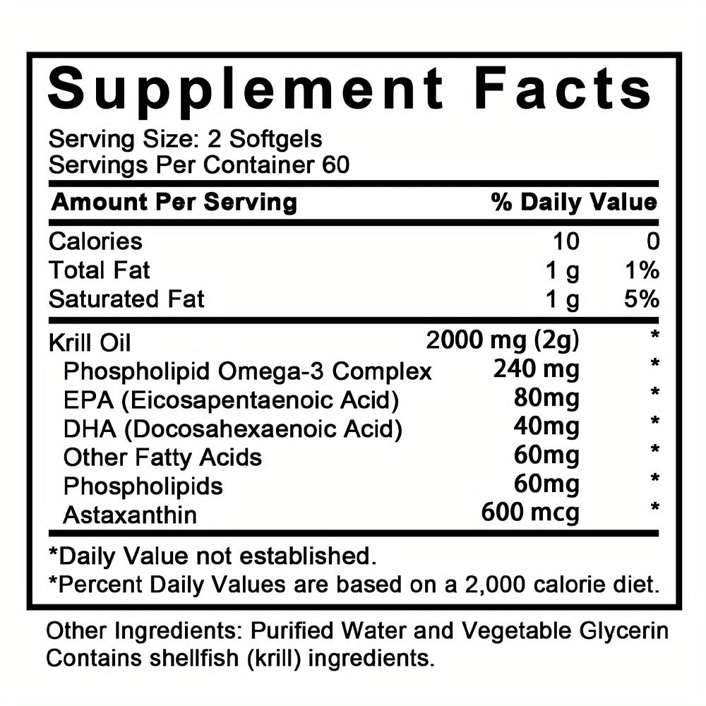 Antarctic Krill Oil, 2000mg/ Serving - Omega-3, EPA & DHA - Joint & Brain Support, 120 Softgels