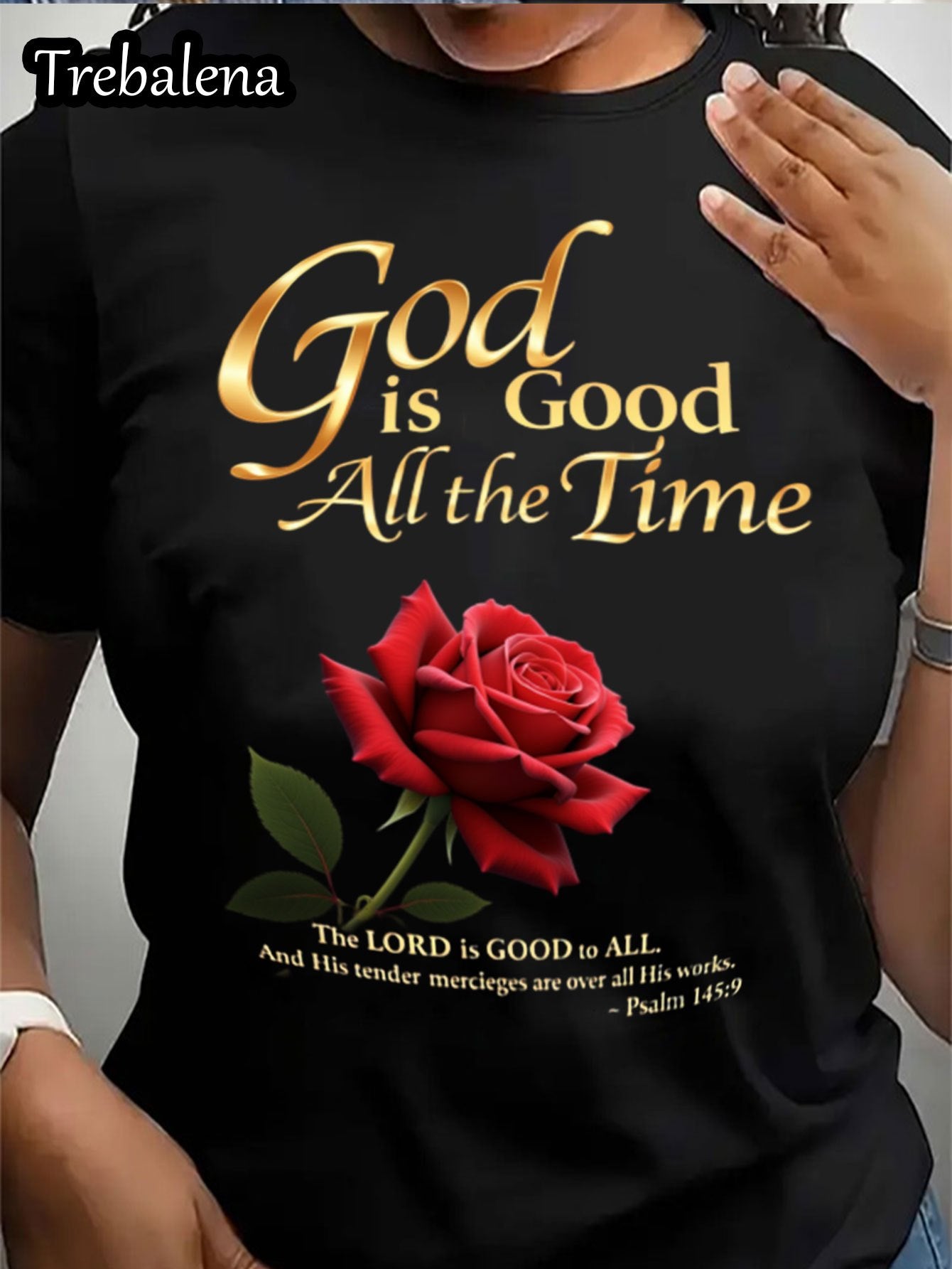 Plus Size Women's 100% Cotton Christian Faith T-Shirt - "God is Good All The Time" Black Tee with Red Rose & Psalm 145:9 Design, Casual Round Neck Short Sleeve Top for Mother's Day, Juneteenth, Spring/Summer (0XL-4XL), Everyd