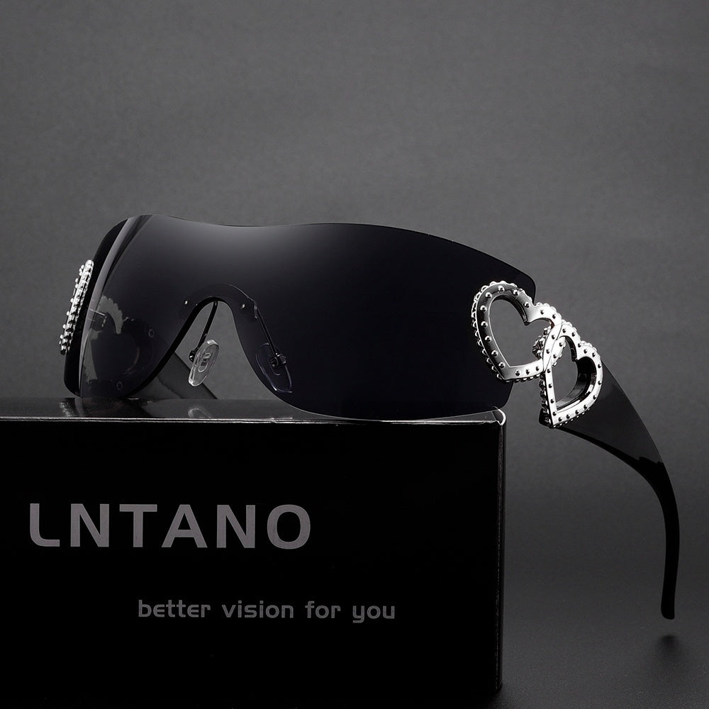 Y2K Heart-Shaped Fashion Glasses for Women - Lightweight Frameless Hollow Design with Rose Golden Heart Decoration, Dark Lenses, Stylish & Protective, Perfect for Fashion Accessories, Fashion Glasses