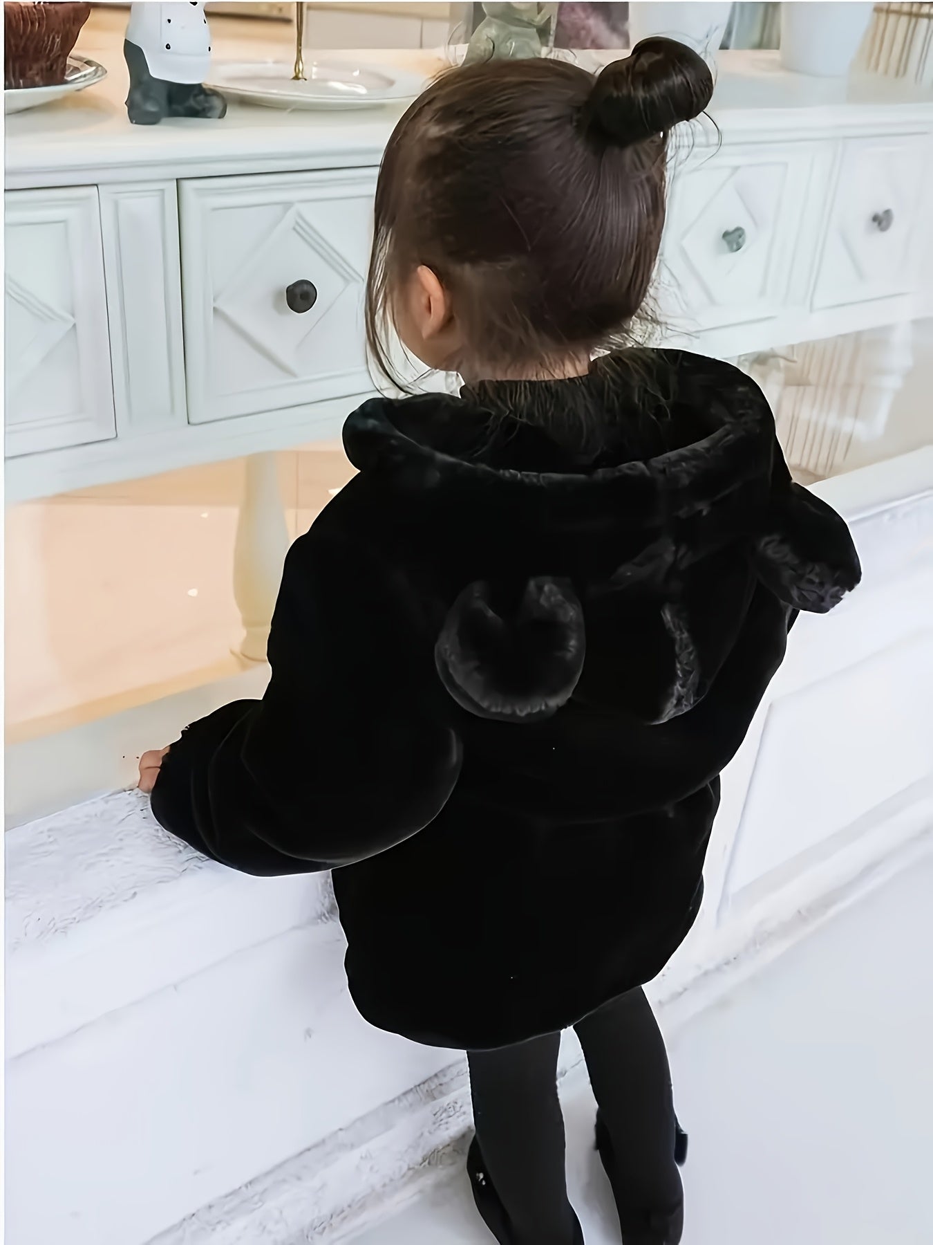 Girls' Cozy Faux Fur Hooded Coat - Warm Zip-Up Winter Jacket with Pockets, Cute Ear Flaps & Plush Trim, Vibrant Red Mid-Length Casual Fall/Winter Outerwear for Youngsters & Toddlers, Autumn Winter Apparel, Playful Design, Sof