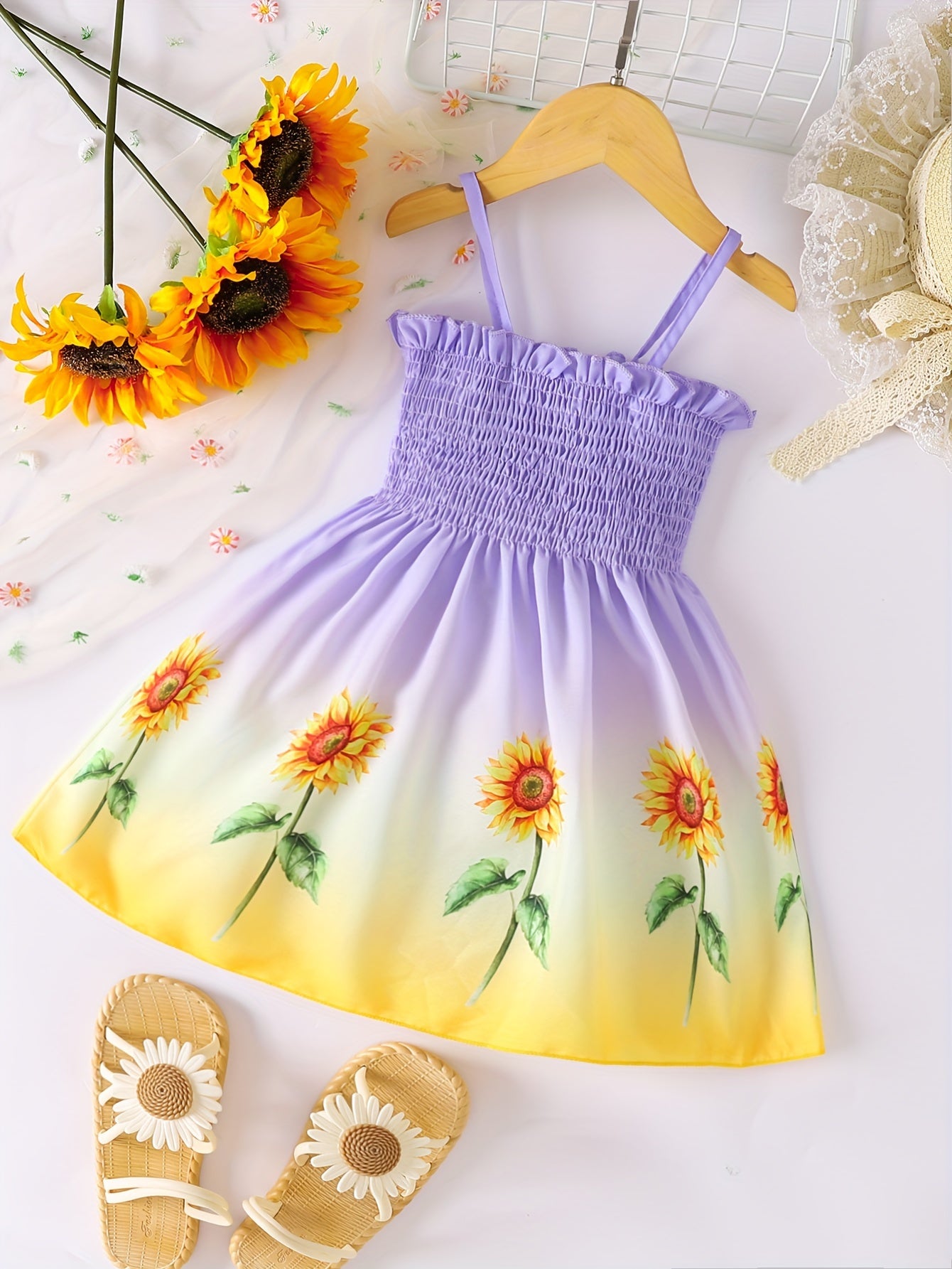 [Sunflower | Girls] Gradient Color Sunflower Princess Dress | Toddler Girls Shirred Cami Frill Trim | For Party Beach Vacation Kids Summer Clothes 4th Of July Outfit