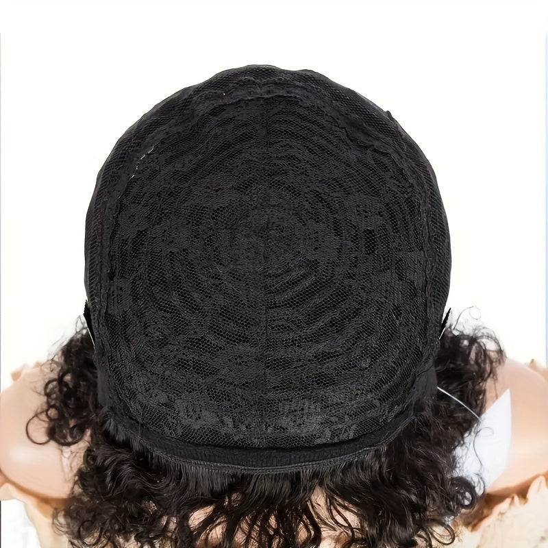 Short Pixie Cut Wigs Human Hair Glueless - Looking Full Hair Density 150% with Curly Wave Texture, No Adhesive Needed for Instant Volume, Machine-Made Wig for Sensitive Scalp - Women ( Net)