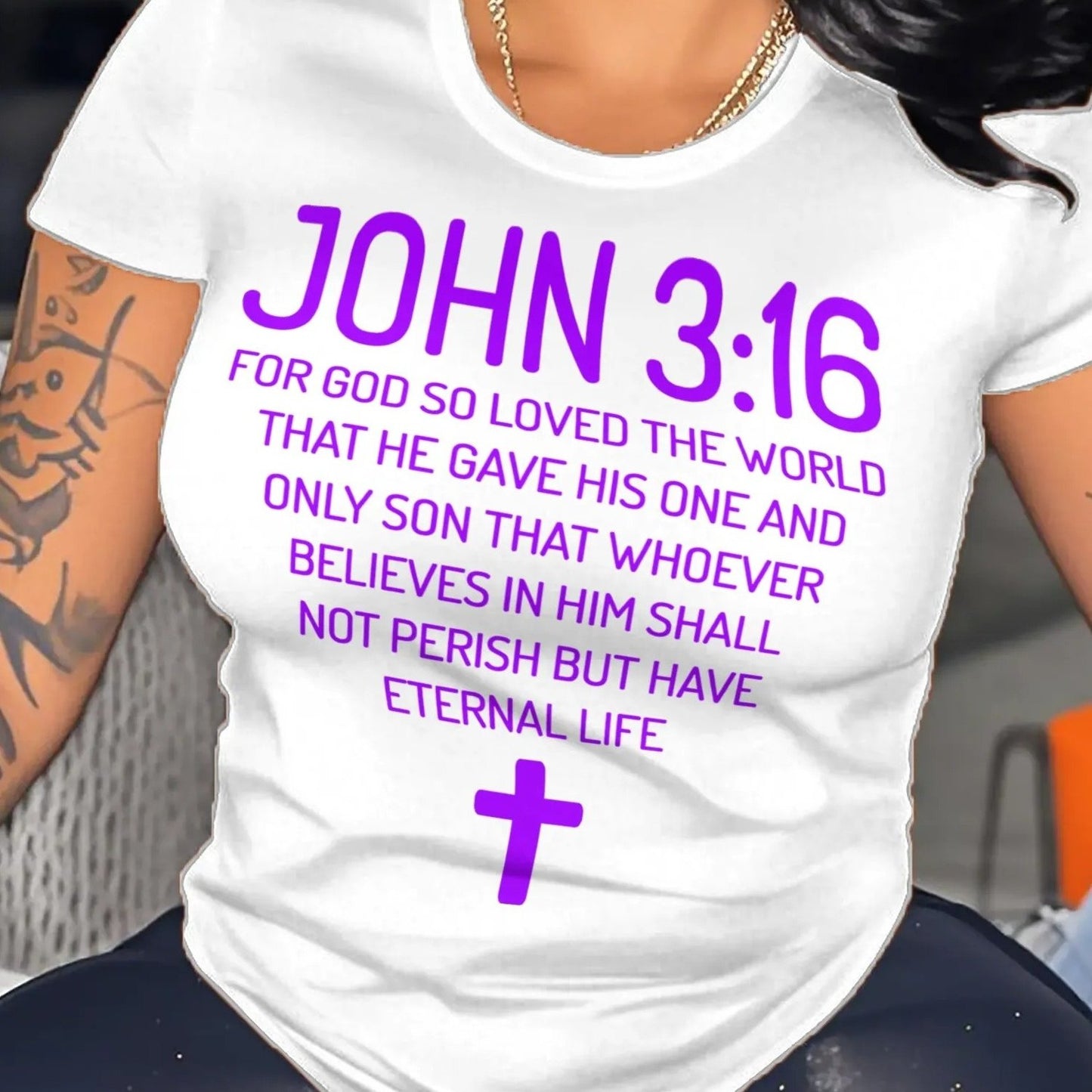 Plus Size - Plus Size Women'S "John 3 16 Bible Verse Scripture Christians" Print Summer T-Shirt | Soft Breathable Fabric | Casual Short Sleeve Round Neck Tee | Summer Vacation Clothing | Size 0XL-5XL - Coral - Black - Rose Re