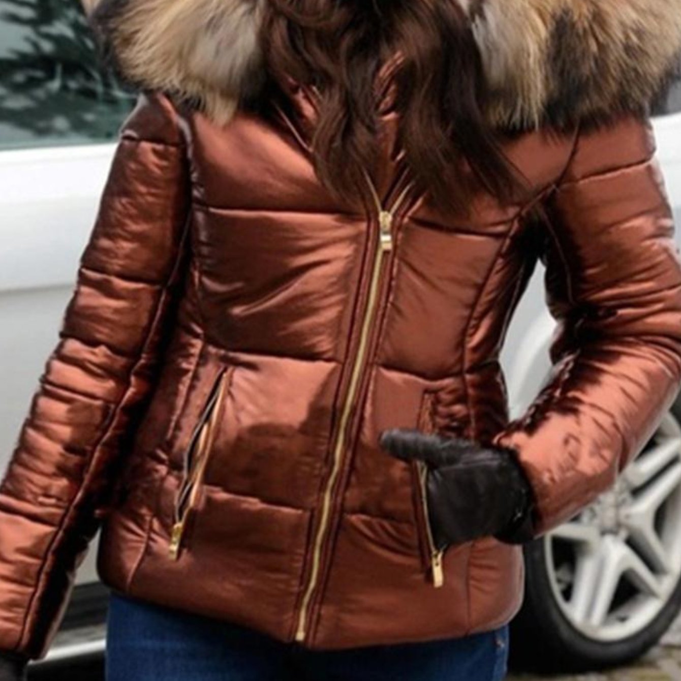 Plus Size - Plus Size - Plus Size Women'S Elegant Hooded Winter Jacket - European & American Style Warm Mid-Length Coat with Full-Zip Front Closure, Soft Pink Fur Collar & Long Sleeves, Cozy Insulated Outerwear for Fall/Winte