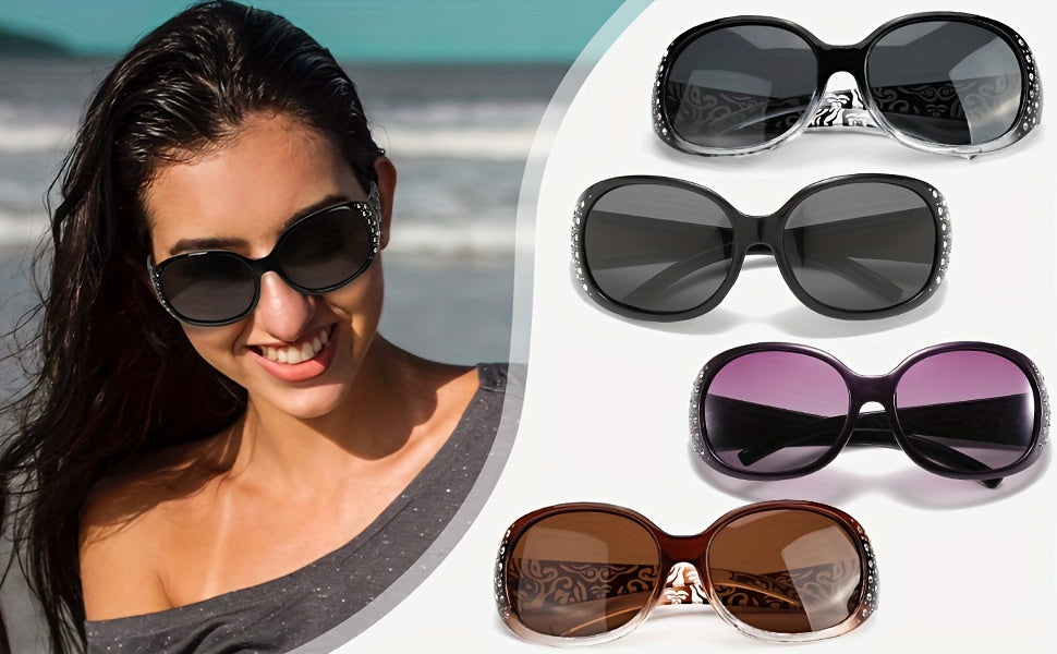 Trendy Glasses for Women - Fashionable Rhinestone-Embellished Cat-Eye Glasses with Purple Floral Design, Lightweight & Durable Frames for Beach, Driving, Outdoor Activities, Street Style, Photoshoot, Luxury Vacation Essential