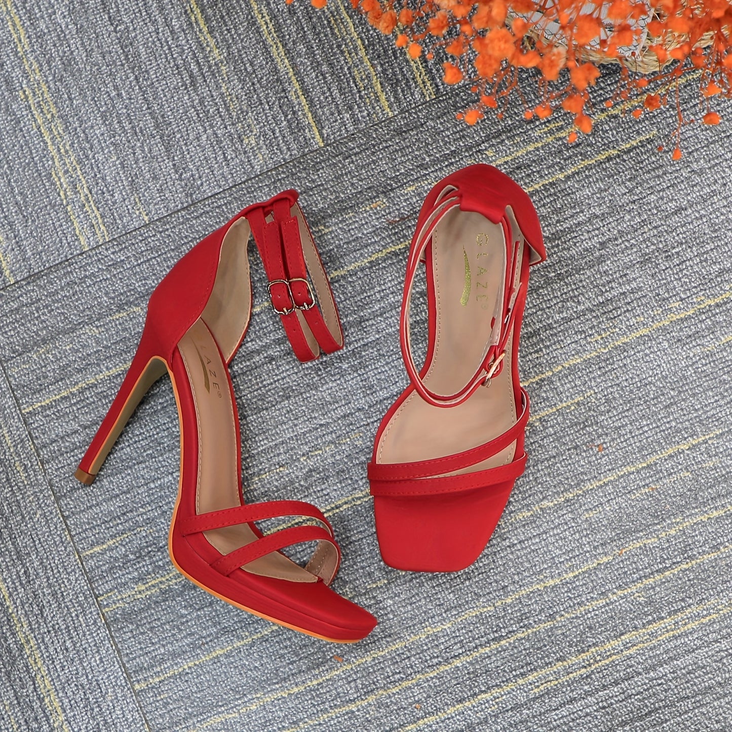 [Red Stiletto Sandals] Ultra-Fine 4.3" High Heel Women's Red Stiletto Sandals | Square Open Toe | Ankle Strap with Buckle Closure | Microfiber Synthetic Cover | Ideal for Prom, Wedding & Bridal Events, Wedding Shoes for Bride