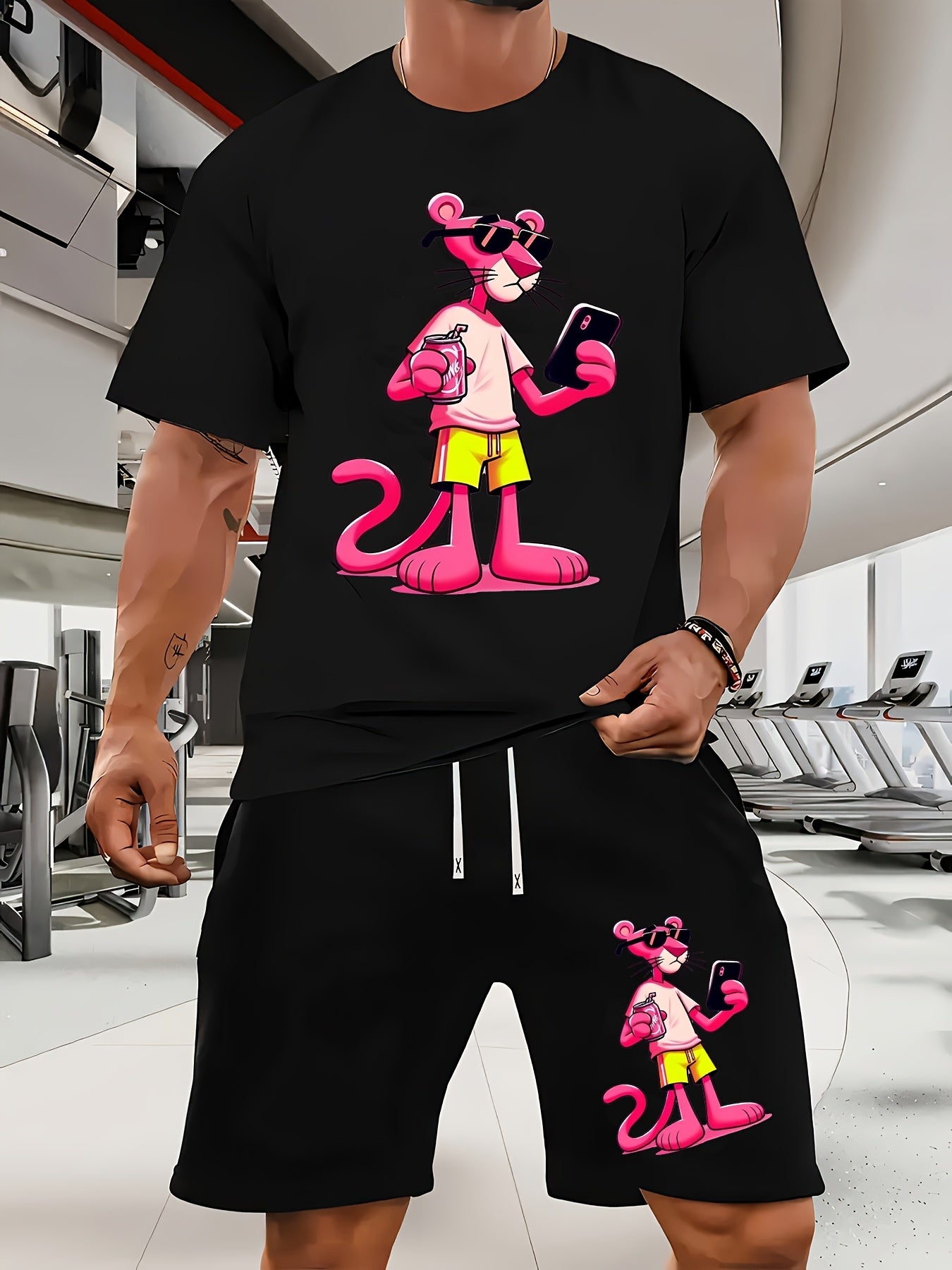 Men'S Short-Sleeved T-Shirt And Waist-Tightening Shorts Set with Trendy Pink Leopard Image Print, Casual Sports Regular Top And Pants Suit, Suitable for Spring And Summer Matching
