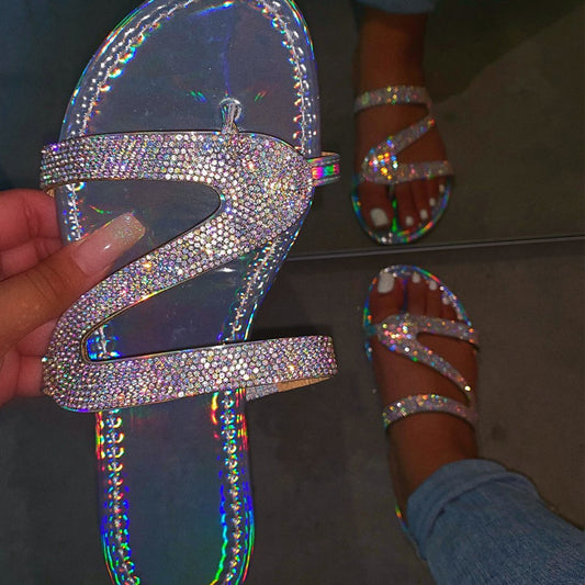 [Soft Jelly Summer Slippers] Transparent Soft Jelly Summer Flat Bling Slippers - Plus Size Women Flip Flops Sandals Outdoor Beach Ladies Slides