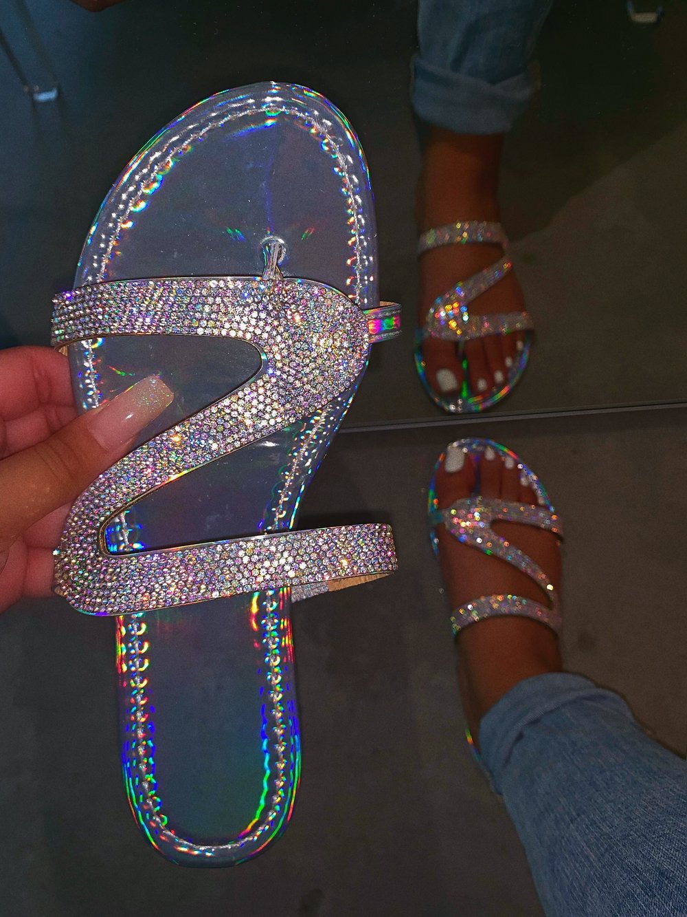 [Soft Jelly Summer Slippers] Transparent Soft Jelly Summer Flat Bling Slippers - Plus Size Women Flip Flops Sandals Outdoor Beach Ladies Slides