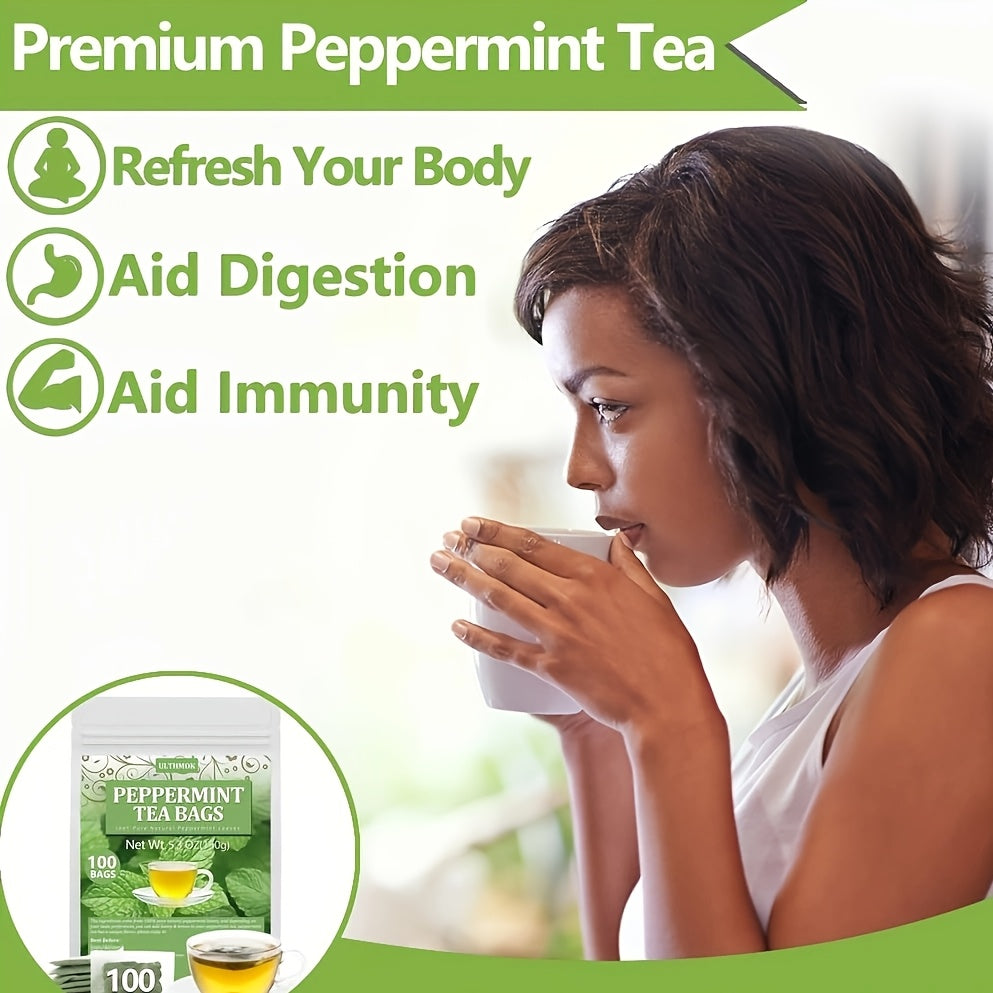 ULTHMOK High Quality Mint Tea Bags, 100 Tea Bags 1.5g/5.3 Ounces, 100% Pure Mint Tea, Naturally Additive Free, Caffeine Free.