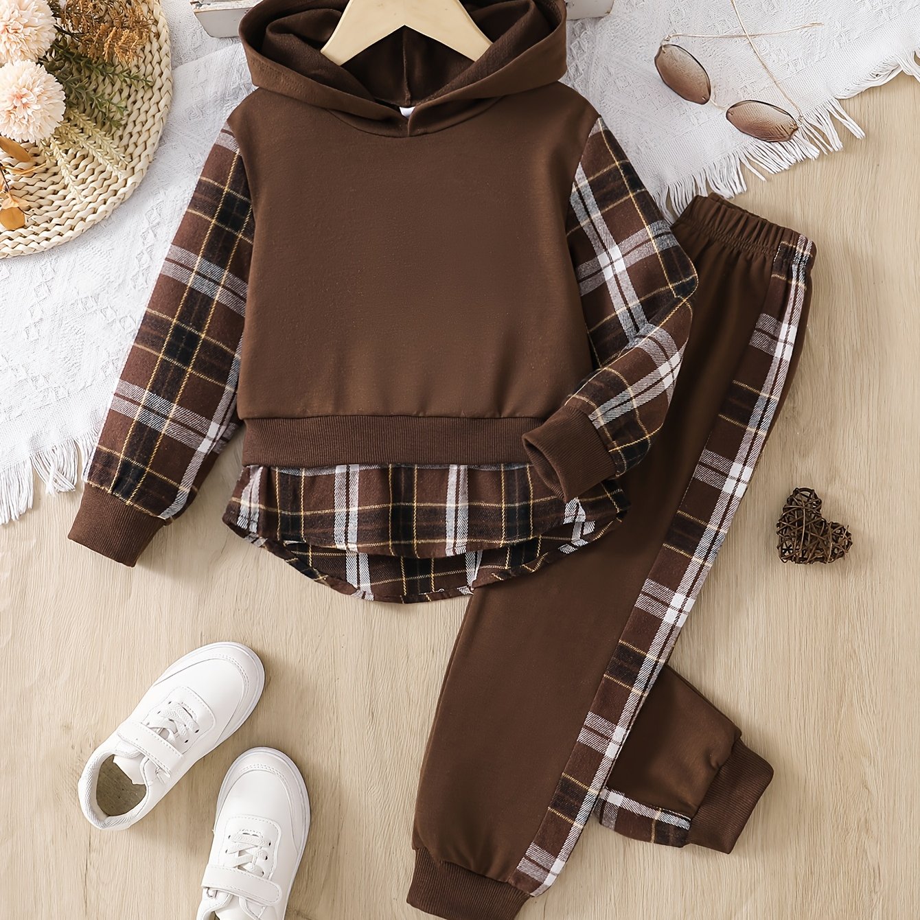 2pcs Girls' Plaid Hooded Sweatshirt & Straight-Leg Pants Set - Brown & Checkered Long Sleeve Outfit, Elastic Waistband, Casual Spring/Fall Playwear with Pockets, Cute Sweatshirts, for Outdoor