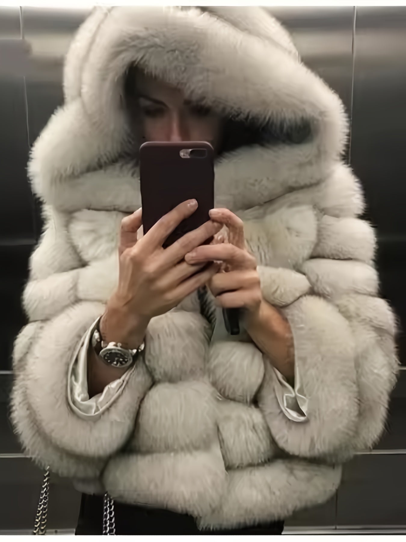 Plus Size, Women's Plus Size Oversized Hooded Faux Fox Fur Coat - Winter Warm Coat with Hood & Plush Fur Trim, Machine Washable Grey Jacket for Cold Weather, Casual Outerwear (No- Design) - Coat for Blonde Lady Picture