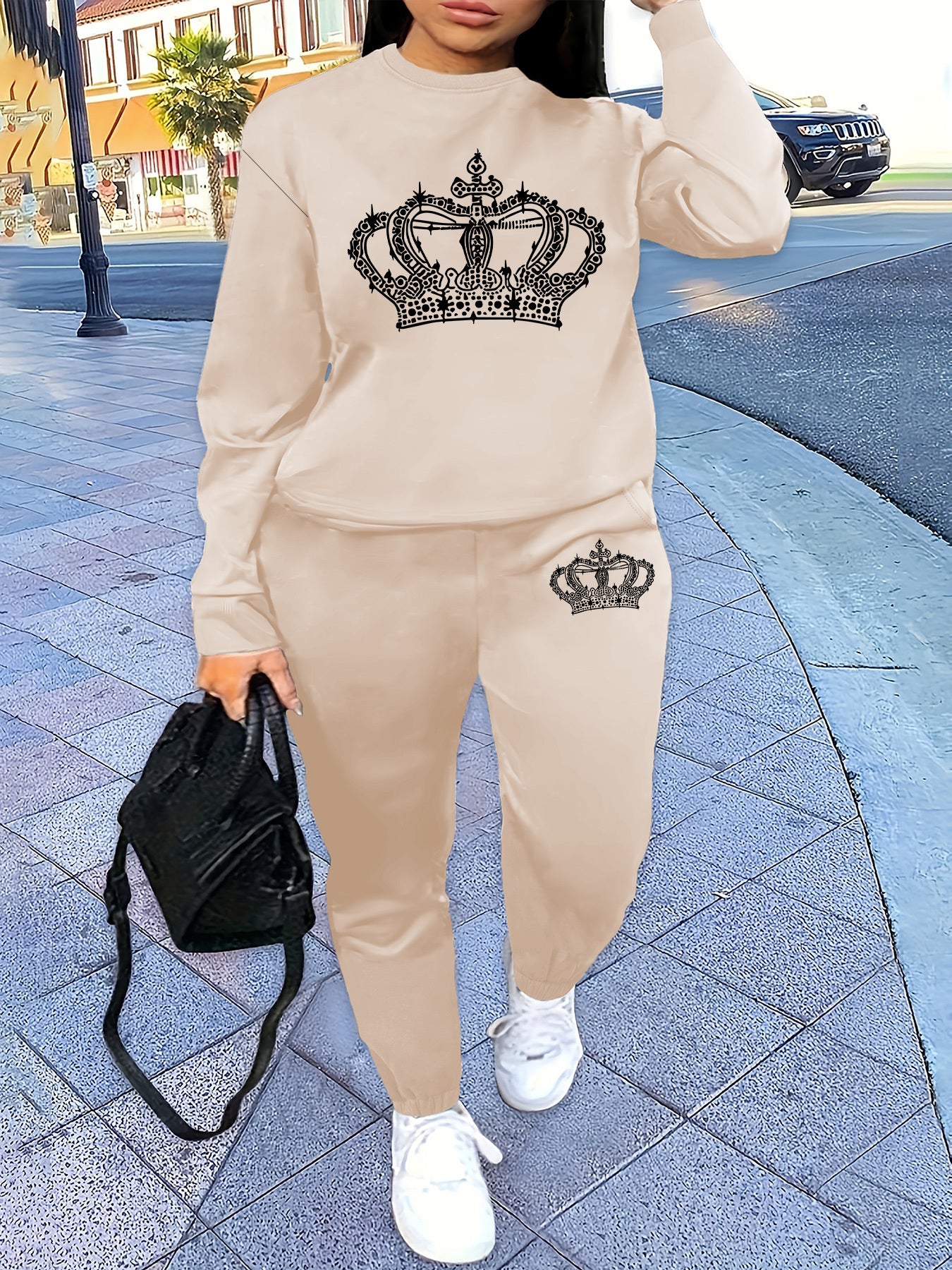 Women'S Casual Crew Neck Sweatshirt & Pants Set - with Crown Print, Fleece-Lined, All-Season Comfort, Casual Attire, Casual Wear, |crown Print Sweatshirt|fleece Lined Pants, Sweater Set