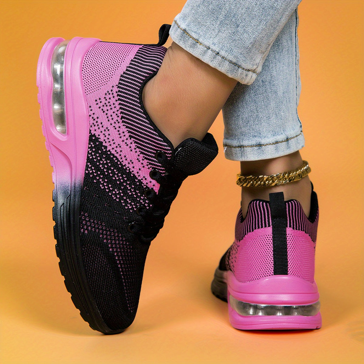 Women's Breathable Mesh Athletic Sneakers - Black & Pink Gradient Design, Air-Cushioned Comfort Sole, All-Season Stability Support, Soft PU Outsole, Fabric Lining, Round Toe Style, Allseason Sneakers | Vibrant Gradient Design