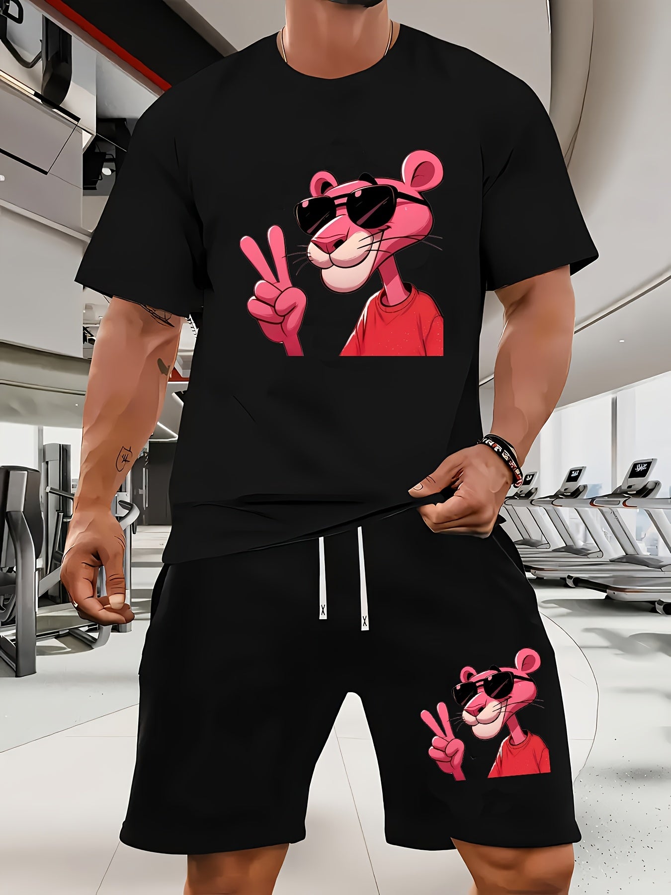 Men'S Short-Sleeved T-Shirt And Waist-Tightening Shorts Set with Trendy Pink Leopard Image Print, Casual Sports Regular Top And Pants Suit, Suitable for Spring And Summer Matching